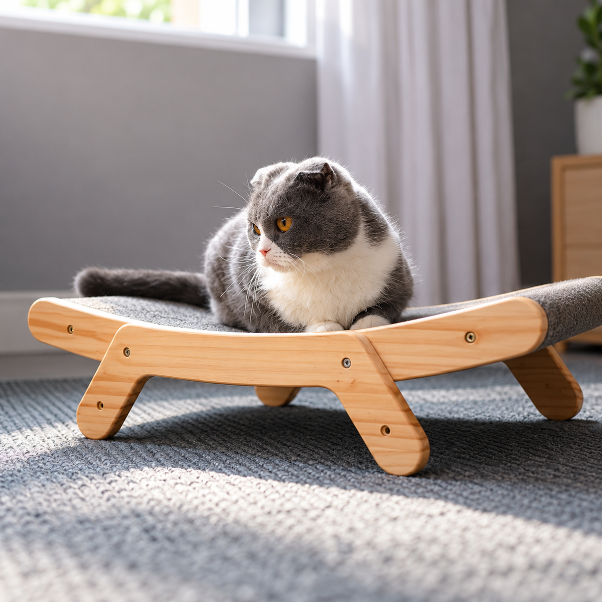 Katze liegt auf dem Nesta Kratzbrett