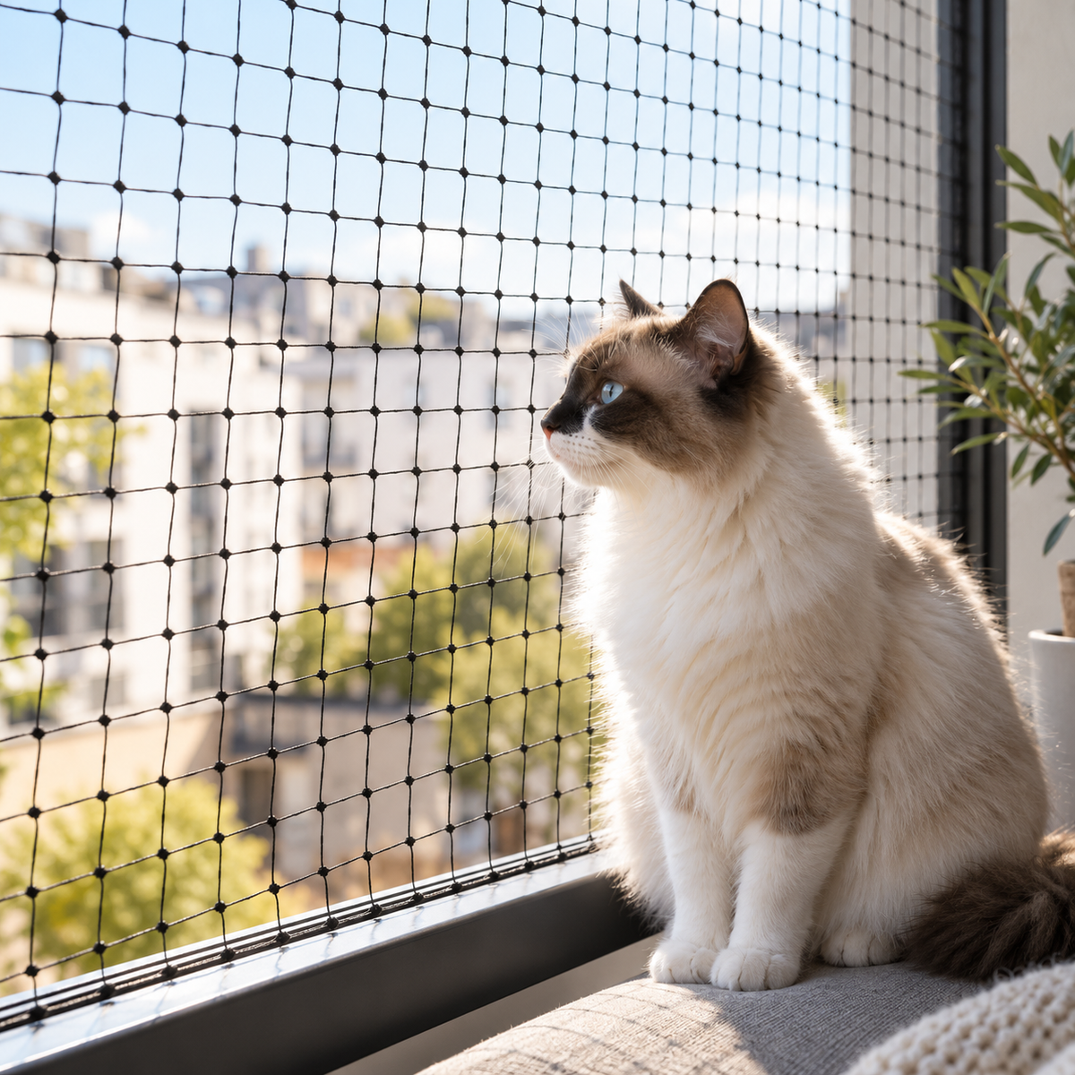 Katze am mit Brisa gesicherten Balkonfenster