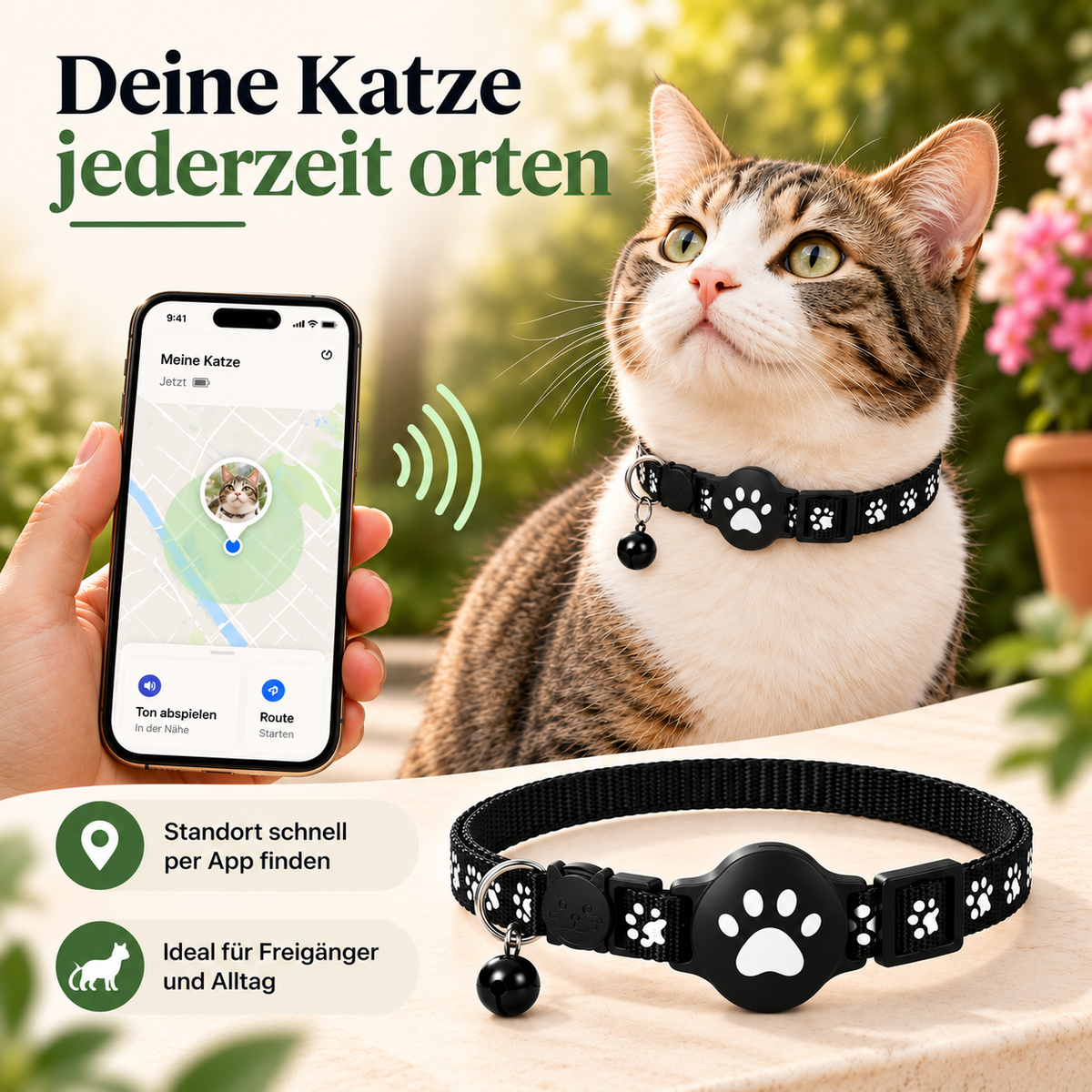 Katze mit Neko Tracker-Halsband per Smartphone orten