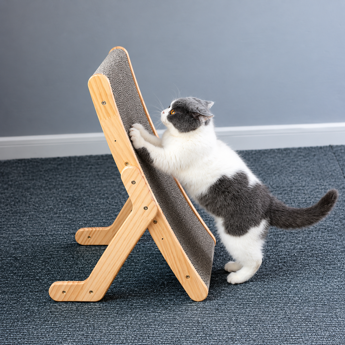 Neugierige Katze am Nesta Kratzbrett aus Holz