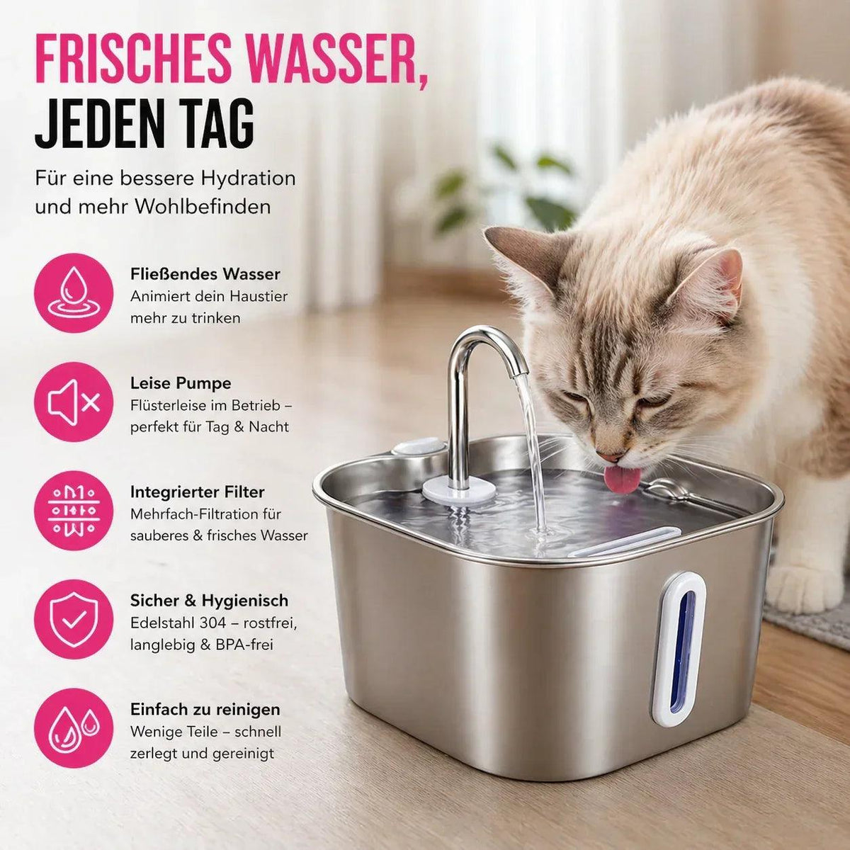 LUVIA Katze trinkt aus dem Brunnen